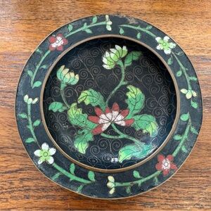 Antique Chinese Cloisonné Enamel Trinket Dish Black Floral 4.25”